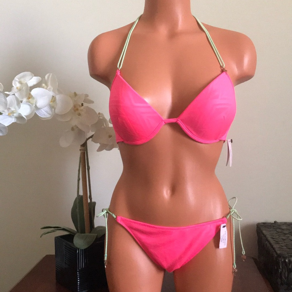 Victoria's Secret Hot Pink Geometric Bikini with Green Ties & Pam Trees 34C/M